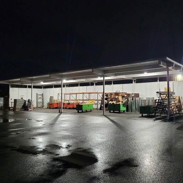 Puyallup HVAC outdoor warehouse at night.