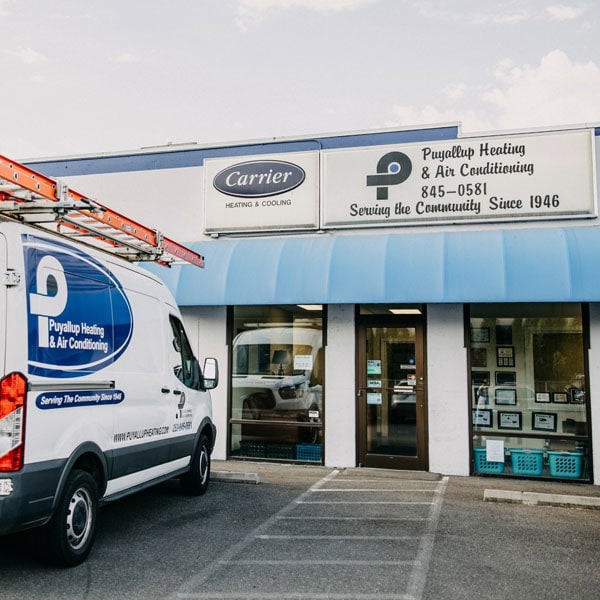 Dual-Fuel Systems 2_600x600 Puyallup branded van outside of Puyallup HVAC storefront.
